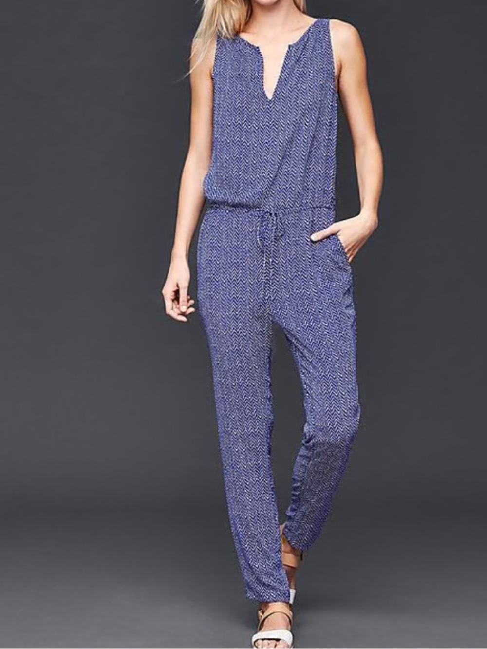 Gap Blue Chevron Jumpsuit with Drawstring Waist